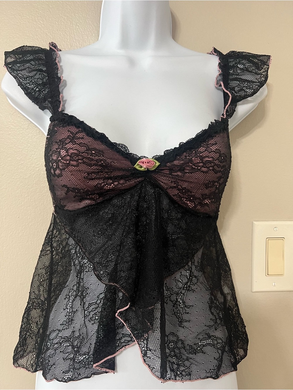 Delia’s Y2K Black Pink Lace Babydoll Top XS Coquette Fairy Grunge